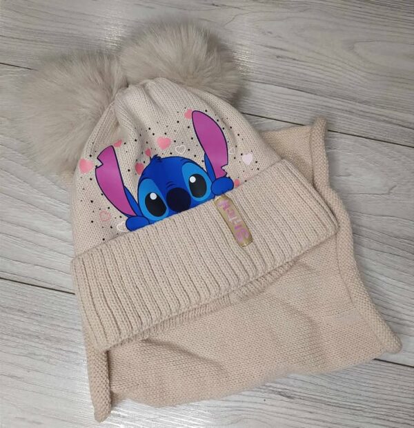 Ocieplany komplet dla dziewczynki Stitch Czapka + Komin - obrazek 2